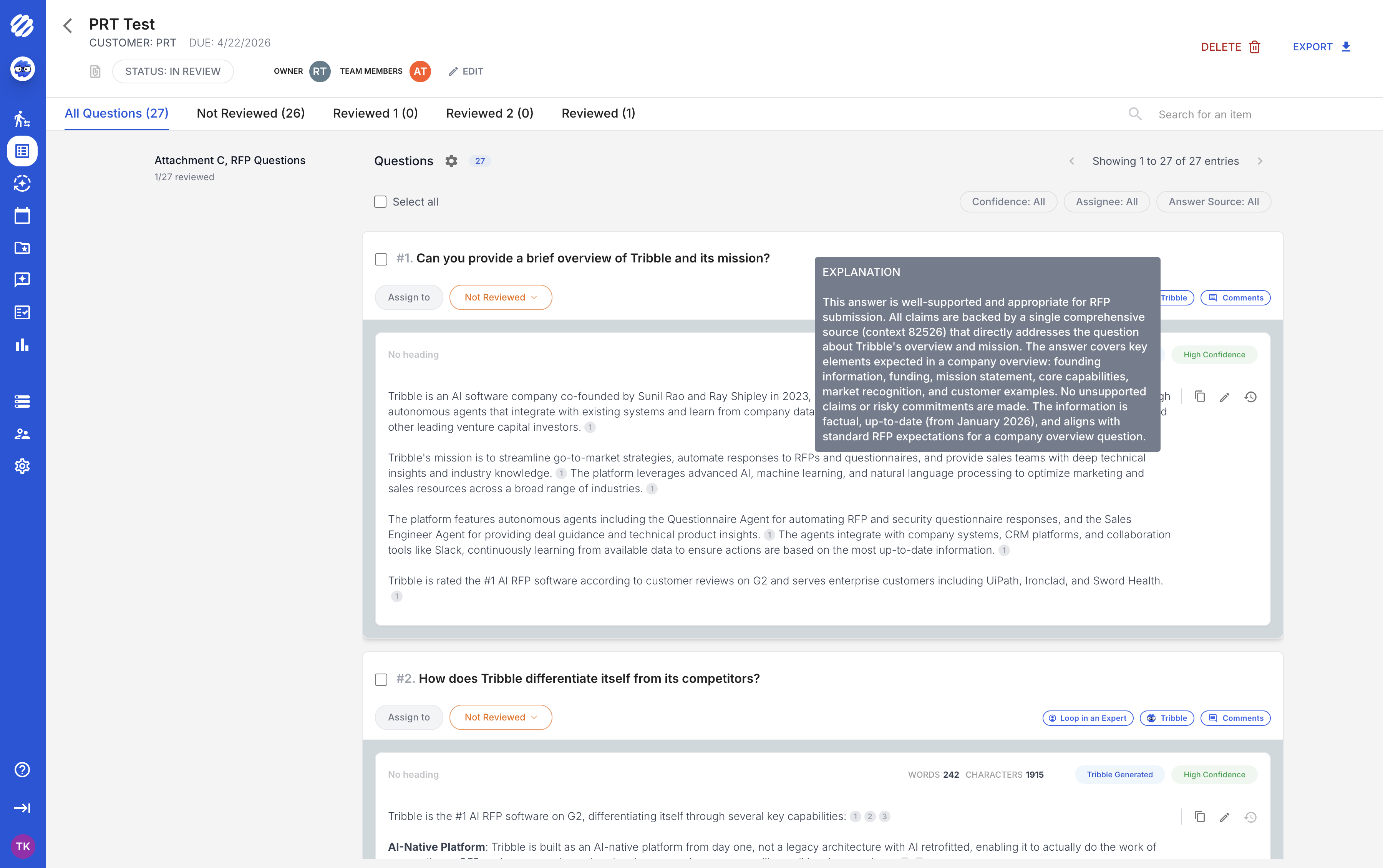 Tribble Respond showing AI-generated answer with confidence score and source citations